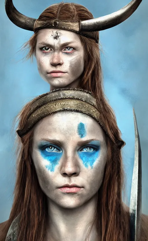 Image similar to photorealistic portrait of female viking warrior with large sad blue eyes, dirty skin, shoulders