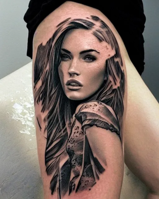 Image similar to double exposure effect tattoo design sketch of megan fox with beautiful mountains, realism tattoo, in the style of andrey lukovnikov, amazing detail, sharp