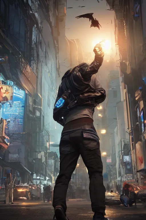 Image similar to in the foreground a Parisian street, in the background a brown man from the back with blue energy wings coming out of his back wearing a long matrix style jacket and starting to fly away, realistic, high definition, great details, dramatic scene, detailed and realistic hands, symmetrical face, realistic eyes, cyberpunk art 2077