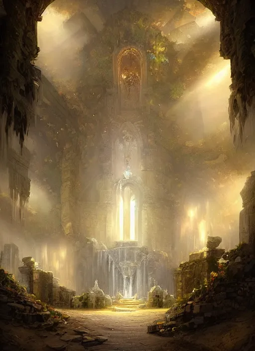 Image similar to Detailed Interior of Monastery Ruins, Waterfall walls, light of god, light shafts, candles, stunning atmosphere, in Style of Peter Mohrbacher, cinematic lighting