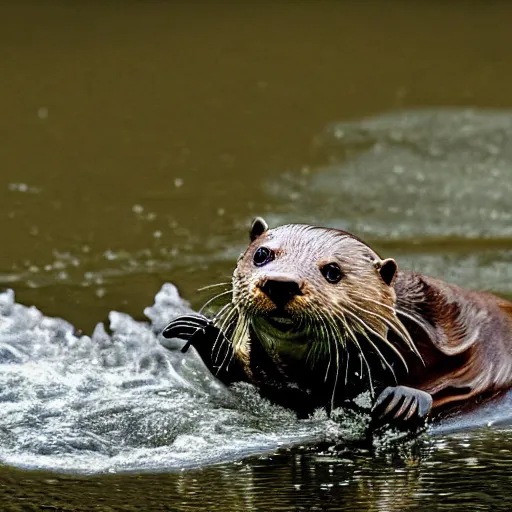 Prompt: steampunk mechanical otter in a river, sci - fi, wildlife photograph, national geographic, award - winning