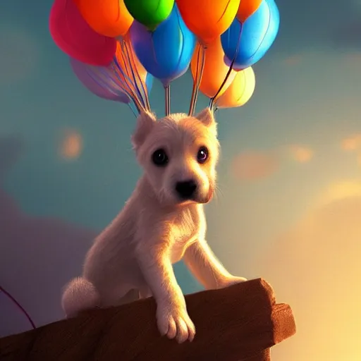 Image similar to puppy high in the air holding balloons, 8k, fantasy, intricate, cinematic lighting, highly detailed, digital painting, artstation, concept art, smooth, sharp focus, illustration, by Pixar