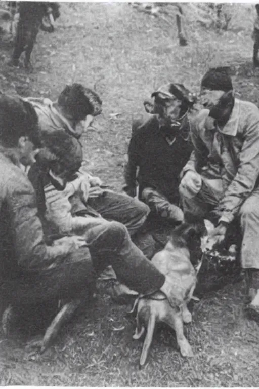 Image similar to men eating dog, old photo