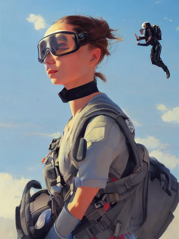 Prompt: an ultradetailed beautiful portrait painting of a girl as an skydiver, side view, oil painting, high resolution, by ilya kuvshinov, greg rutkowski and makoto shinkai