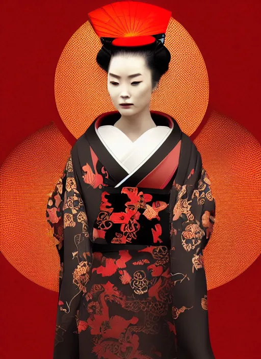 Image similar to portrait of a stylish futuristic geisha, with a red kimono with japanese golden signs written on it, kintsugi, modern fine art, fractal, intricate, elegant, highly detailed, digital photography, subsurface scattering, in the style of ghost, by jheronimus bosch and greg rutkowski,