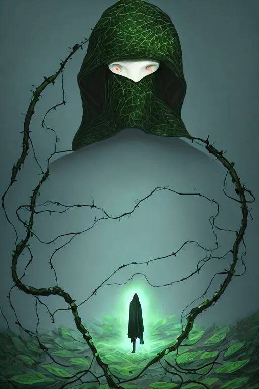 Prompt: A full body portrait of a mysterious character with no face, glowing eyes and a very long hooded dark green cloak made of leaves, vines coming out the ground art by Shaddy Safadi and Jason Chan, ominous, cosmic horror, trending on artstation, Ultra detailed, hyper realistic 4k