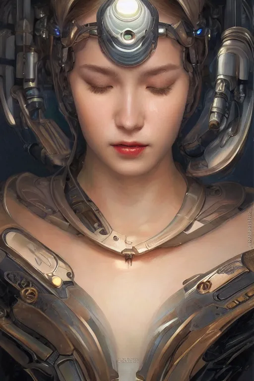 Prompt: Portrait of beautiful smiling Ultra realistic illustration, beautiful alluring female cyborg, eyes closed ,cyberpunk, sci-fi, fantasy, intricate, elegant, highly detailed, digital painting, artstation, concept art, smooth, sharp focus, illustration, art by Yintion J , Jiang Geping and artgerm and greg rutkowski and alphonse mucha.