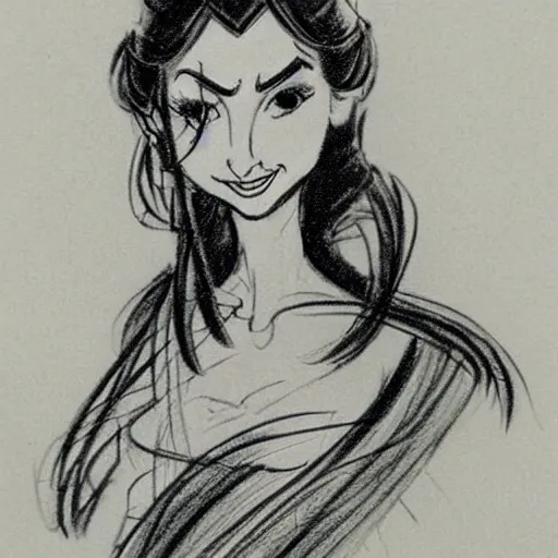 Image similar to milt kahl sketch of princess padme from star wars episode 3 with hair tendrils