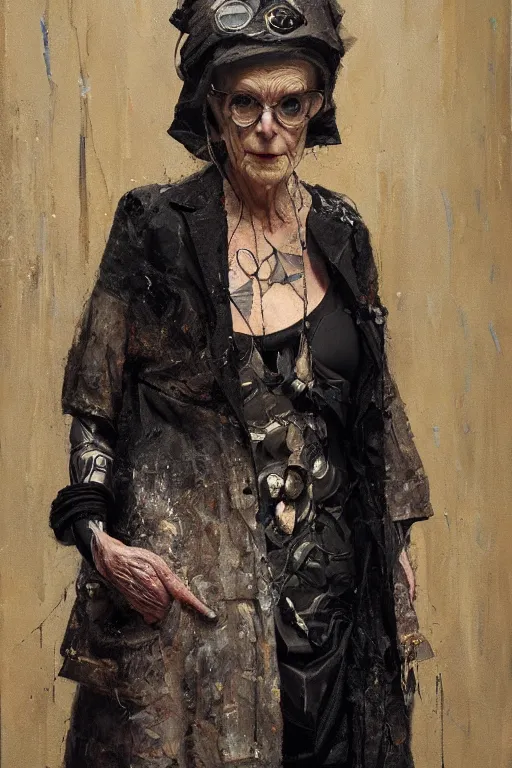 Prompt: portrait of an old wizened woman dressed in cyberpunk - inspired designer streetwear by vivienne westwood, oil on canvas by greg rutkowski, beautiful painting, soft lighting