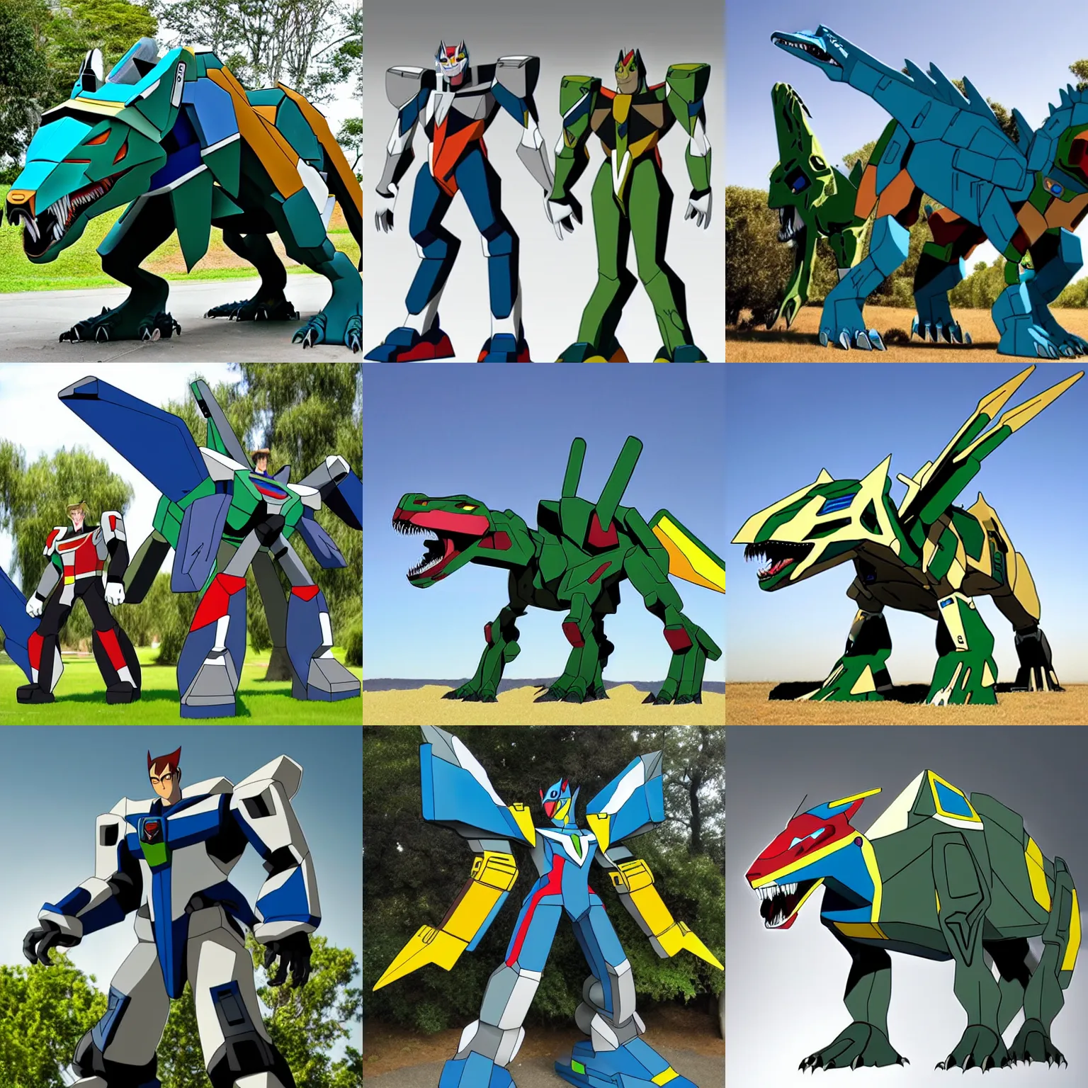 Prompt: voltron made from real dinosaurs