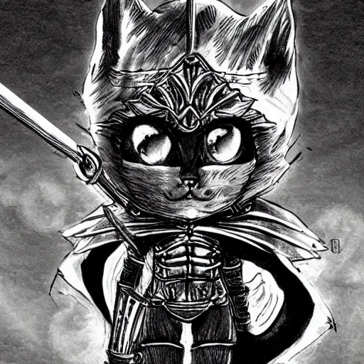 Image similar to Baby Kitten as a knight, highly detailed, black and white, manga, art by Kentaro Miura