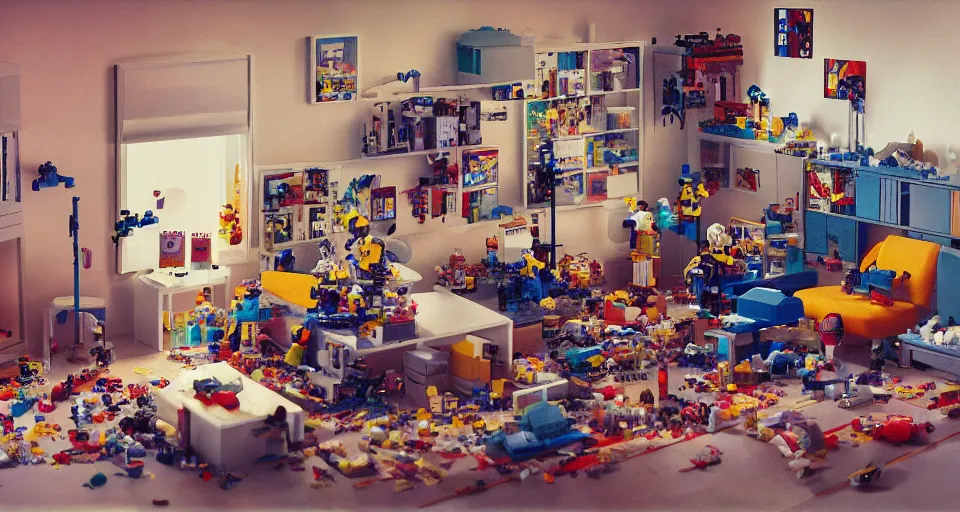 Image similar to IKEA catalogue photo, cyberpunk childrens bedroom, lego, mess by Beksiński