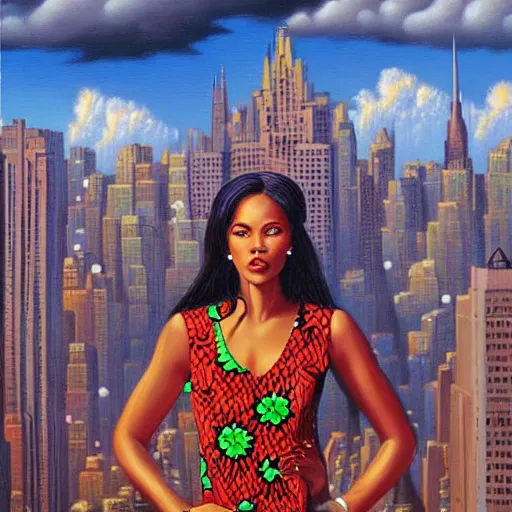 Prompt: woman, dressed in ankara style, buildings, dark clouds, stylish, greg hildebrandt fancy new york oil painting high quality