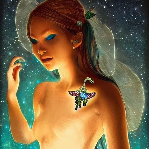 Prompt: A realistic fairy wearing glowing jewelry she looks mystified, moon in the background, very artistic, highly detailed