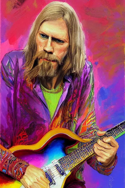 Image similar to a professional painting of Duane Allman, in brightly colored psychedelic shirt, playing a guitar, long hair, beautiful bone structure, symmetrical facial features, intricate, elegant, digital painting, concept art, smooth, sharp focus, illustration, from StarCraft by Ruan Jia and Mandy Jurgens and Artgerm and William-Adolphe Bouguerea, epic, stunning, gorgeous, intricate detail, much wow, ultra realistic, photorealism, 4K, masterpiece, trending on artstation