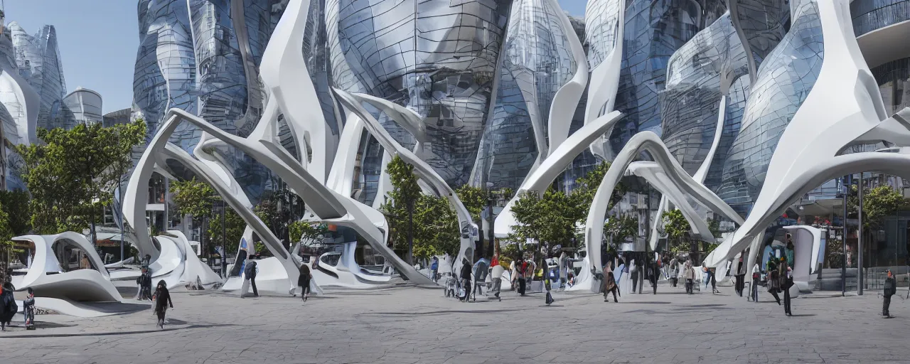 Prompt: futuristic village marketplace, by zaha hadid, in a village street, depth of field, XF IQ4, 150MP, 50mm, F1.4, ISO 200, 1/160s, natural light