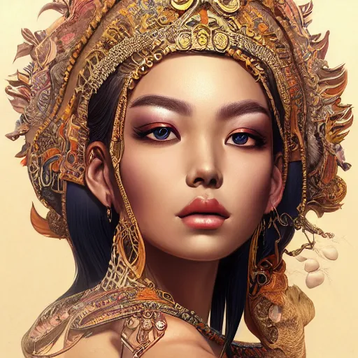 Image similar to Beautiful detailed portrait of an exotic goddess by Nick Silva, Shin JeongHo, Wandah Kurniawan, Symmetrical composition with people centered, realistic proportions, trending on artstation