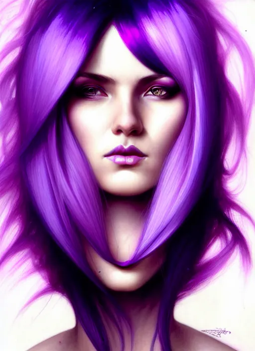 Image similar to Purple hair relistic Portrait of woman with bright colored hair, all shades of purple. Beauty face, Hair coloring, fantasy, intricate, elegant, highly detailed, digital painting, artstation, concept art, smooth, sharp focus, illustration, art by artgerm and greg rutkowski and alphonse mucha