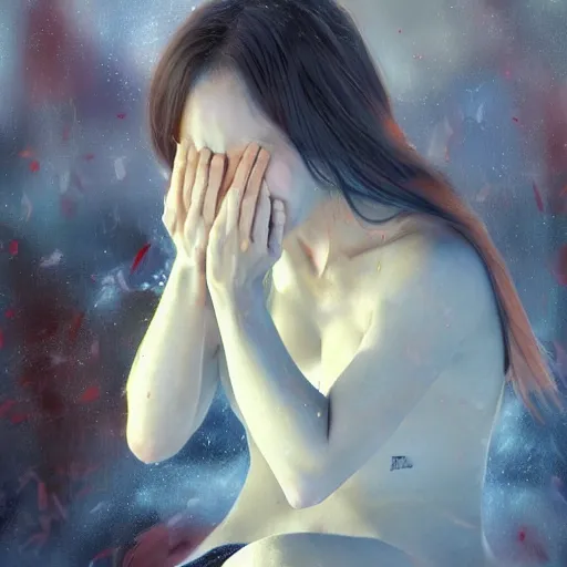 Prompt: woman sitting crying, night, cold weather, emotional oil painting, digital art, trending on artstation, by Yoshitaka Amano, highly detailed, by Artgerm