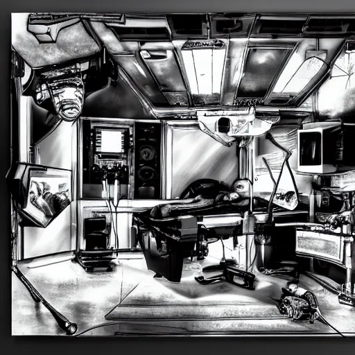 Image similar to an operation theater, in front of a black background, detailed digital art, black and white, law of thirds