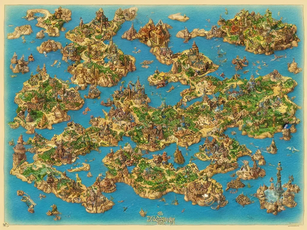 Prompt: an isometric disney fantasy map of a continent bordered by ocean by brian froud