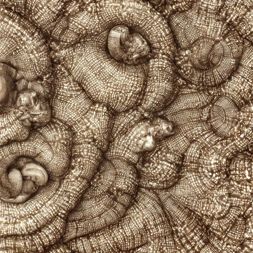 Image similar to macro of geometric complex sea snail by ernst haeckel, closeup, fractal filigram, realistic cinema 4 d render, beach sand background, clear focus, very coherent, very detailed