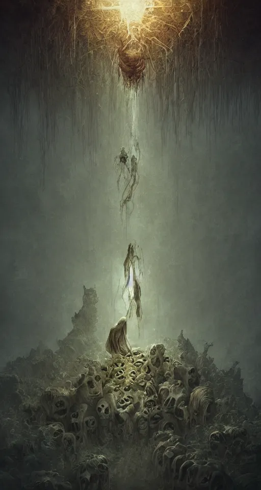 Image similar to Strange mystical creatures floating in a esoteric environment made of giant skulls, dark flame, god ray of light, concept art, inspired by Reylia Slaby, zdzislaw beksinski, trending on artstation, volumetric lighting, CGsociety