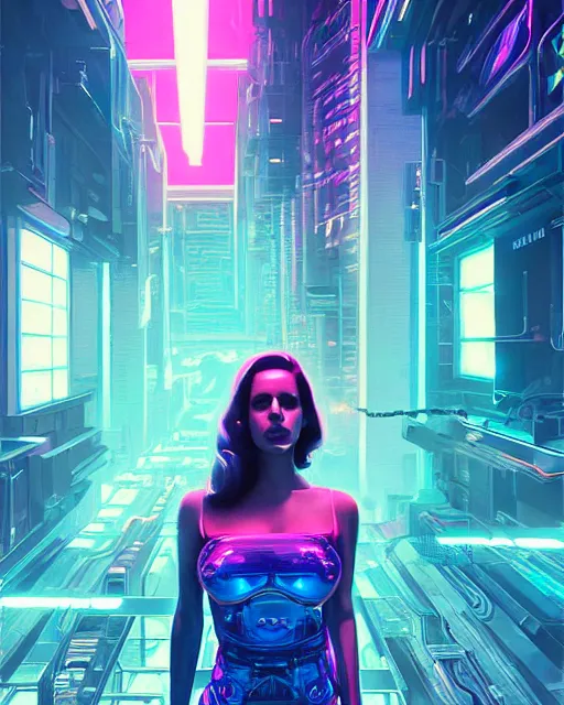 Image similar to portrait of lana del rey as a cyborg. realist abstract. key art. cyberpunk, blue and pink, intricate artwork. cyberpunk augmentations art by tooth wu, wlop, beeple, dan mumford. 8 k octane render, trending on artstation, greg rutkowski very coherent symmetrical artwork. cinematic, hyperrealism, very detailed, iridescent accents