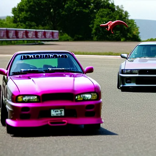 Prompt: drag race photo finish between a nissan skyline r34 and a dinosaur