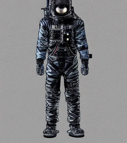 Image similar to cyberpunk japanese man with long limbs and a black spacesuit on a spacewalk, techwear, Industrial Scifi, detailed illustration, character portrait, by Martin Grip and Moebius