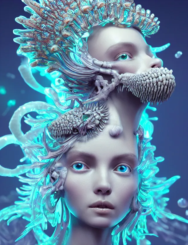 Image similar to 3 d goddess macro close - up portrait wigh crown made of ram skull. betta fish, jellyfish phoenix, bioluminiscent, plasma, ice, water, wind, creature, super intricate ornaments artwork by tooth wu and wlop and beeple and greg rutkowski