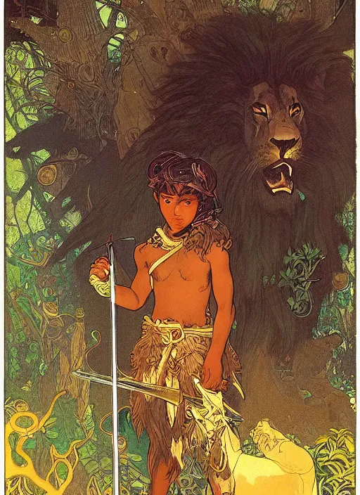 Image similar to portrait of a little epic warrior boy character with dark skin and a big lion with wings at his side in the middle of a lush forest at night. diffuse neon light, dramatic landscape, fantasy illustration, matte painting by mucha