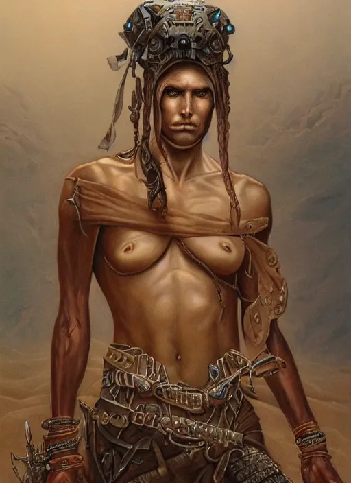 Prompt: portrait of desert warrior by gerald brom, dark fantasy, oil painting, highly detailed, elegant, sharp focus