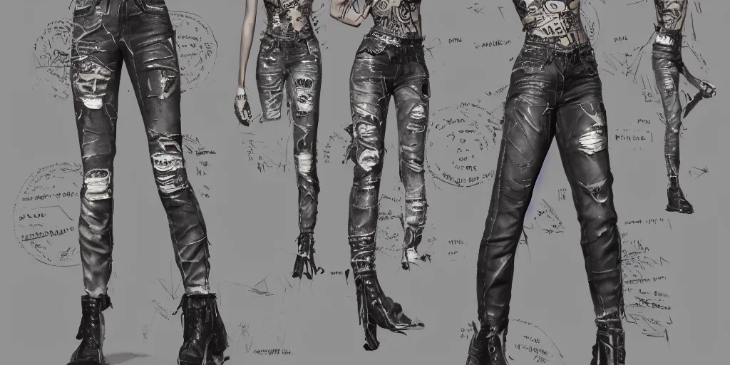 Image similar to samara weaving with her neck fully tattooed, wearing scratched and ripped leather jeans, wearing an aviator outfit with a smiley stamp on its back, character sheet, fine details, props, concept design, contrast, kim jung gi, greg rutkowski, trending on artstation, 8 k, full body, turnaround, front, back, ultra wide angle