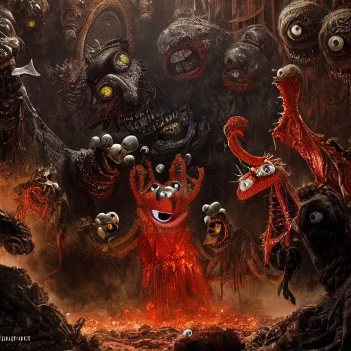 Prompt: muppets in dante's inferno with trumpeters and demons, intricate detail, royo, vallejo, frazetta, giger, whealan, hd, unreal engine,