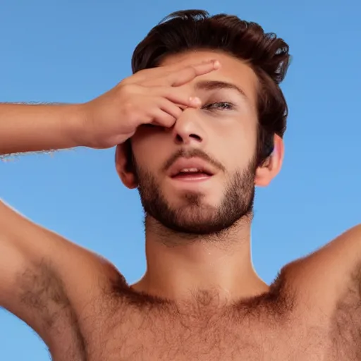 Image similar to high-resolution photograph of a lad showing off his hairy armpits