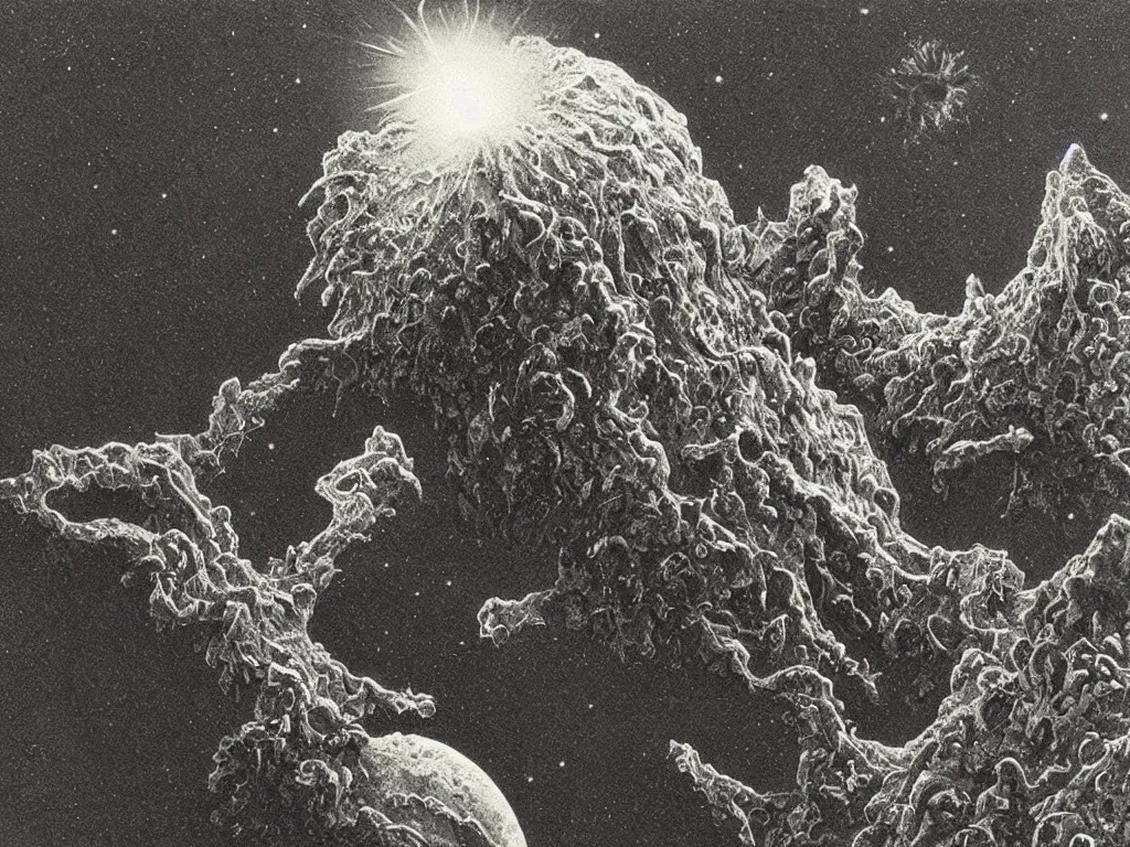 Prompt: Close up of an strange alien plant living on a comet. Blazing trail, sunflare, ice. Painting by Roger Dean, Beksinski, Karl Blossfeldt, Ernst Haeckel