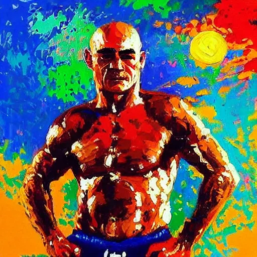 Image similar to bas rutten by leroy neiman, intricate, ultra detailed painting, atmospheric lighting, golden hour