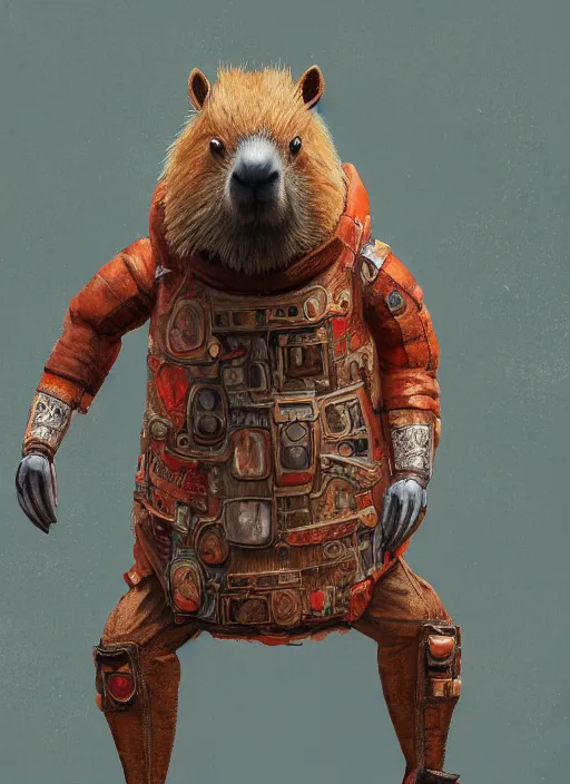 Prompt: detailed full body concept art illustration, oil painting on canvas of an anthropomorphic capybara teacher in full intricate clothing, biomutant, dystopian, micro detail, octane render, 4K