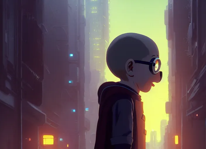 Image similar to a film still portrait of a minion, finely detailed features, minions, cinematic lighting, perfect art, night cyberpunk city, intricate, anime, minion, gapmoe grimdark, artstation, trending on pixiv fanbox, painted by greg rutkowski makoto shinkai takashi takeuchi studio ghibli, akihiko yoshida, 4 k