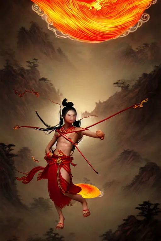 Image similar to nezha flies around swiftly on his wind flame circles in ruin chinese city, masterpiece, chinese mythology, top view, cinematic, fantasy character portrait, highly detailed, by new gods : nezha reborn, nezha : birth of the demon child, ne zha from smite, trending on artstation, concept art, flame everywhere,