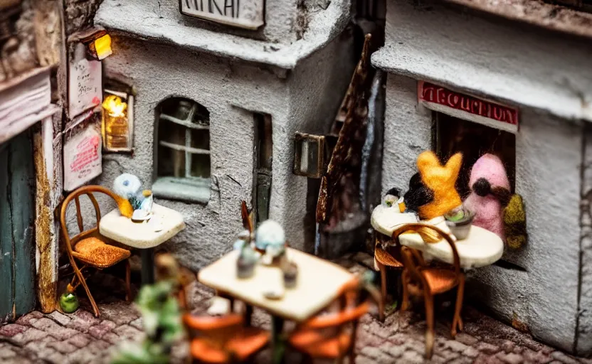 Image similar to miniature cafe diorama macro photography, cafe with felted bunnies, alleyway, ambient, atmospheric, british, cozy, bokeh, romantic