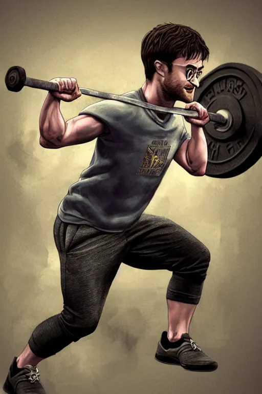 Image similar to highly detailed rendering of Daniel Radcliffe as Harry Potter doing barbell back squats, dingy workout gym, wearing a muscle tee shirt, muscular deep squats, symmetrical, highly detailed, digital painting, artstation, concept art, smooth, sharp focus, illustration, cinematic lighting, art by artgerm and greg rutkowski and alphonse mucha