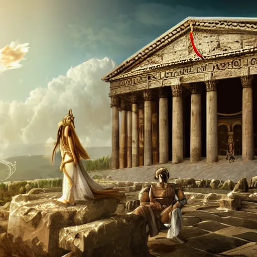 Prompt: young ancient greek woman in golden helmet, giant grey-haired bearded male face in the sky, marble pantheon palace in the sky, clouds background, epic fantasy style art, fantasy epic digital art