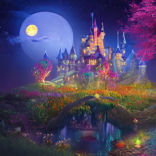 Image similar to a single glittering fairy castle at night, a full moon, water and colourful flowers, extremely detailed oil painting, unreal 5 render, fantasy digital art, octane render, beautiful composition, trending on artstation, award-winning photograph, masterpiece