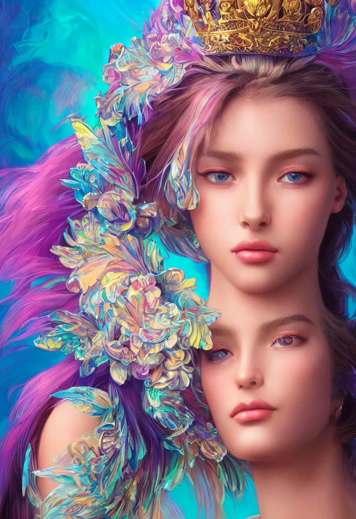 Image similar to beautiful, young woman, detailed gorgeous face, vaporwave aesthetic, synthwave, colorful, psychedelic, water droplets, feathers, crown, artstation, concept art, smooth, extremely sharp detail, finely tuned detail, ultra high definition, 8 k, unreal engine 5, ultra sharp focus, illustration, art by artgerm and greg rutkowski and alphonse mucha