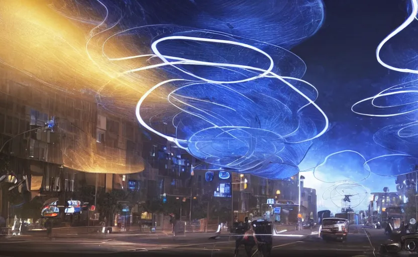 Image similar to people with posters attacking cops, a huge blue spiral - shaped white luminous attractor is floating on the horizon near the sun, stores in los angeles with light screens all over the street, concept art, art for the game, professional lighting, dark night lighting from streetlights