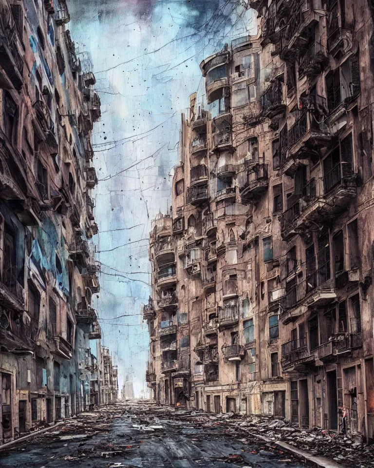 Image similar to abandoned streets of Barcelona, post-apocalyptic painting, cosmic horror