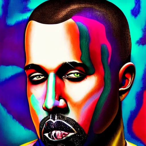 Image similar to an extremely psychedelic portrait of kanye west as marilyn manson, surreal, lsd, face, detailed, intricate, elegant, lithe, highly detailed, digital painting, artstation, concept art, smooth, sharp focus, illustration,