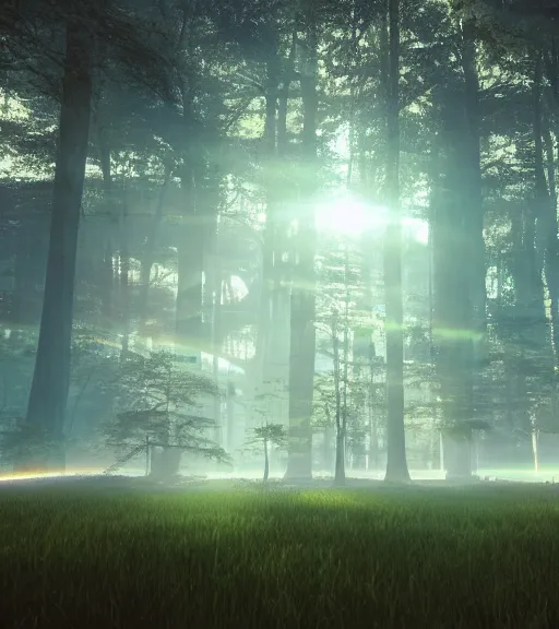 Prompt: symmetric daydreaming of the sun glare, fluidity dance of the blockchain sheets in the air, cyberpunk forest, majestic light, octane render, beauty fog, ethereal glare of the sun, raining rainbow, volumetric lighting, hyperealistic, epic, masterpiece